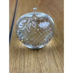 Clear Glass Apple Paperweight with Controlled‎ Bubbles and Leaf Design